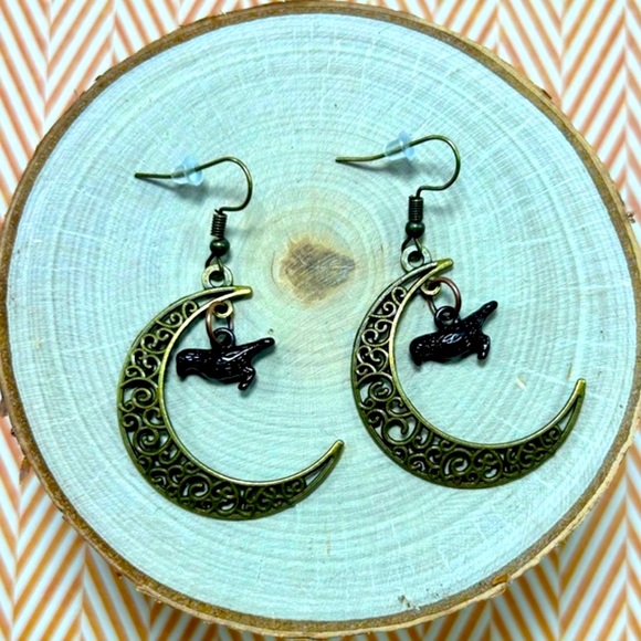 Handmade Halloween Crescent Moon & Crow Earrings! - Picture 3 of 3